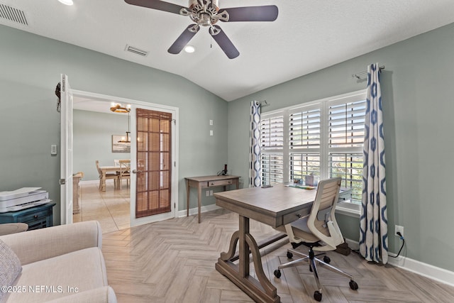 33114 Prairie Parke Pl, Fernandina Beach, FL 32034 - office space featuring ceiling fan, a chandelier, lofted ceiling, and recessed lighting