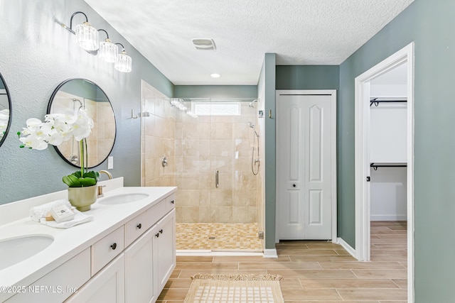 141 Balmoral Castle Dr, Saint Johns, FL 32259 - full bath with a stall shower, double vanity, wood tiled floors, a textured ceiling, and a spacious closet