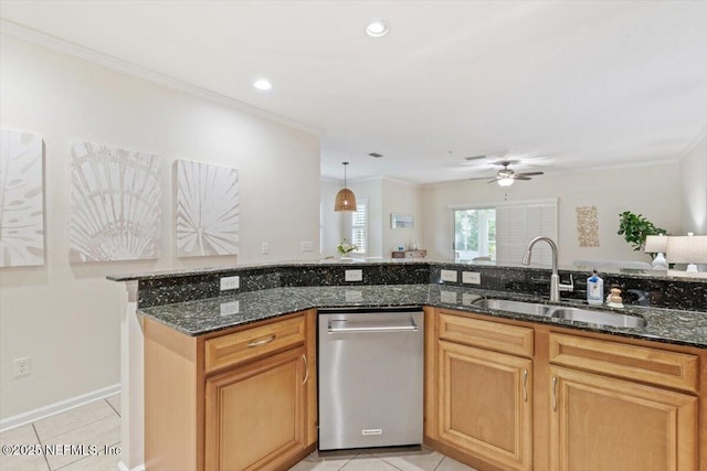 215 Bayberry Cir Unit 601, Saint Augustine, FL 32086 - kitchen with dishwasher, light tile patterned floors, ornamental molding, dark stone counters, and ceiling fan