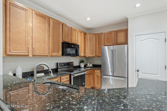 215 Bayberry Cir Unit 601, Saint Augustine, FL 32086 - kitchen featuring appliances with stainless steel finishes, ornamental molding, dark stone counters, and recessed lighting