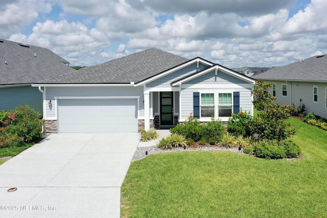 7 Los Lagos Blvd, Palm Coast, FL 32137 - craftsman inspired home with a garage, concrete driveway, a front yard, roof with shingles, and stone siding