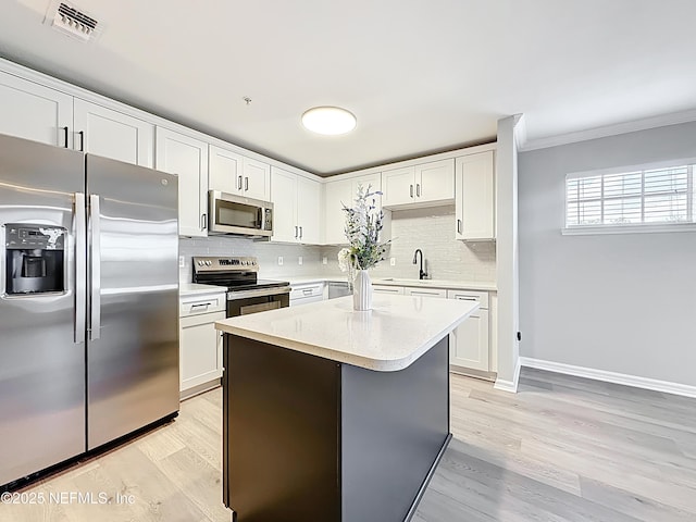 3591 Kernan Blvd S Unit 127, Jacksonville, FL 32224 - kitchen featuring appliances with stainless steel finishes, ornamental molding, decorative backsplash, white cabinetry, and light wood-style flooring