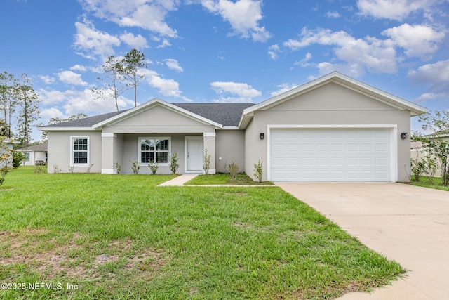 5 Squadron Pl, Palm Coast, FL 32164 - single story home with concrete driveway, stucco siding, a front yard, a garage, and roof with shingles