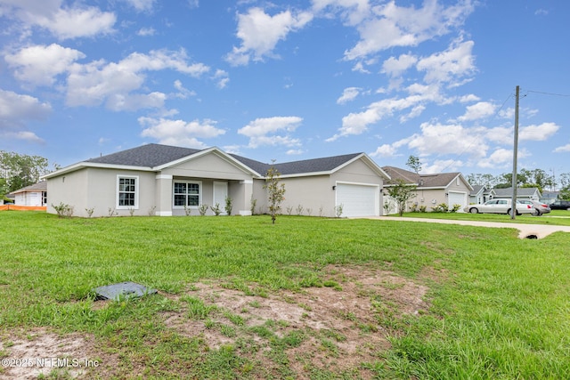 5 Squadron Pl, Palm Coast, FL 32164 - ranch-style house with concrete driveway, an attached garage, a front lawn, and stucco siding
