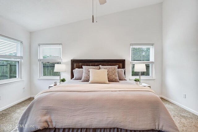 1803 Oakbreeze Ct, Jacksonville Beach, FL 32250 - bedroom with carpet, a ceiling fan, and high vaulted ceiling