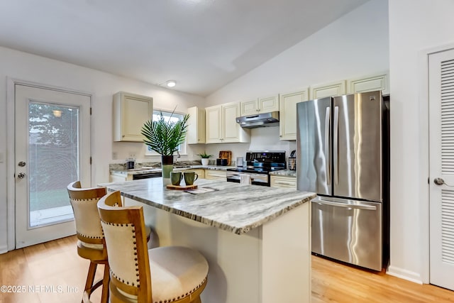 1803 Oakbreeze Ct, Jacksonville Beach, FL 32250 - kitchen with appliances with stainless steel finishes, under cabinet range hood, lofted ceiling, light wood-style flooring, and a kitchen bar