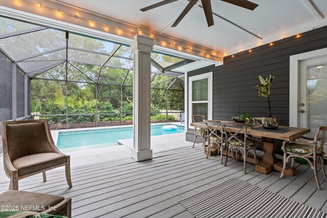 201 History Pl, Saint Augustine, FL 32095 - swimming pool with a ceiling fan, a deck, outdoor dining area, and a lanai