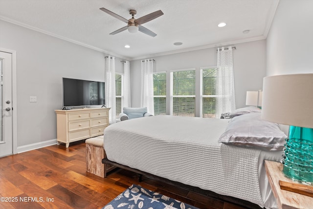201 History Pl, Saint Augustine, FL 32095 - bedroom featuring wood-type flooring, crown molding, recessed lighting, and ceiling fan