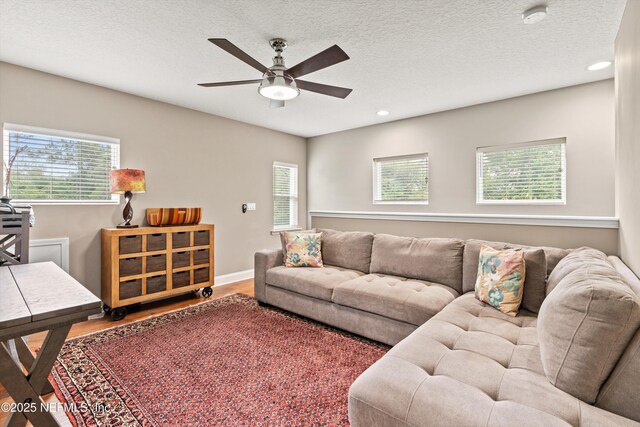 201 History Pl, Saint Augustine, FL 32095 - living area with plenty of natural light, wood finished floors, ceiling fan, recessed lighting, and a textured ceiling