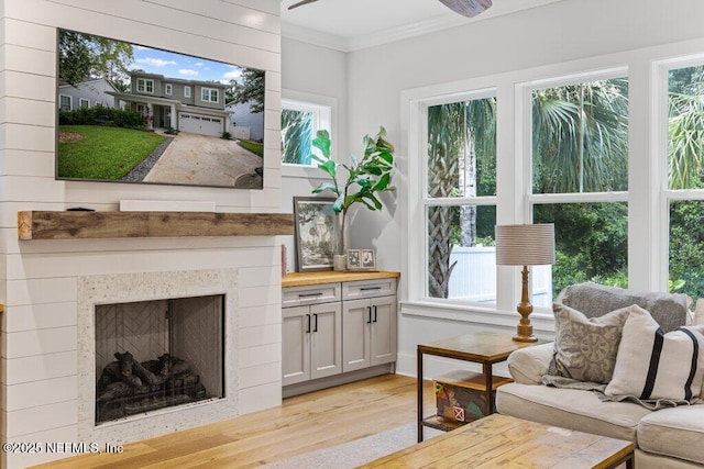 791 Paradise Ln, Atlantic Beach, FL 32233 - living area with light wood-style floors, ornamental molding, and a fireplace