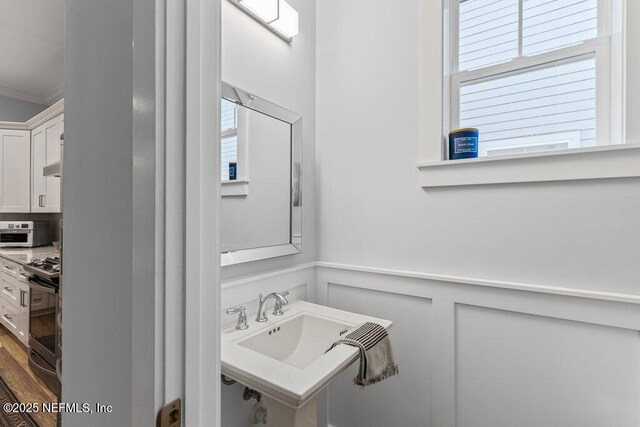 791 Paradise Ln, Atlantic Beach, FL 32233 - bathroom with healthy amount of natural light, crown molding, a wainscoted wall, and a decorative wall
