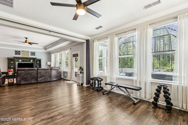 207 Hertford Bridge Way, Saint Johns, FL 32259 - workout room featuring a ceiling fan, dark wood finished floors, crown molding, and a textured ceiling