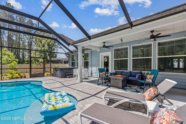 207 Hertford Bridge Way, Saint Johns, FL 32259 - view of swimming pool with a hot tub, ceiling fan, a patio, and an outdoor living space with a fire pit