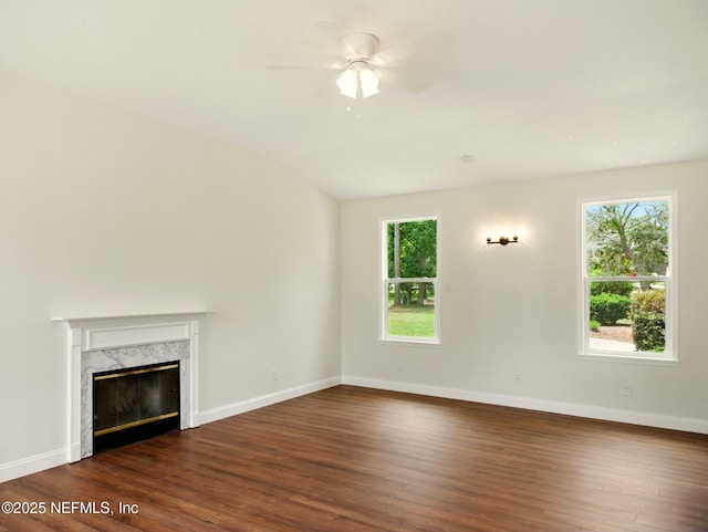 6615 Camelot Ct, Keystone Heights, FL 32656 - unfurnished living room featuring dark wood-style floors, a fireplace, and ceiling fan