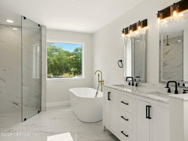 6615 Camelot Ct, Keystone Heights, FL 32656 - bathroom featuring marble finish floors, a marble finish shower, a soaking tub, and double vanity