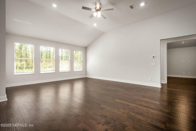 36295 Pitch Ln, Hilliard, FL 32046 - empty room featuring ceiling fan, dark wood-style flooring, lofted ceiling, and recessed lighting