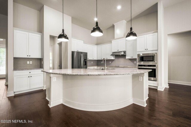 36295 Pitch Ln, Hilliard, FL 32046 - kitchen featuring stainless steel appliances, under cabinet range hood, a high ceiling, tasteful backsplash, and dark wood-type flooring