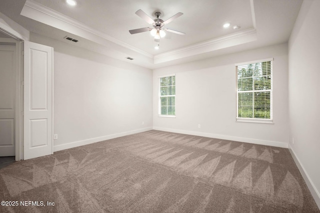 36295 Pitch Ln, Hilliard, FL 32046 - carpeted empty room with ornamental molding, a raised ceiling, a ceiling fan, and recessed lighting
