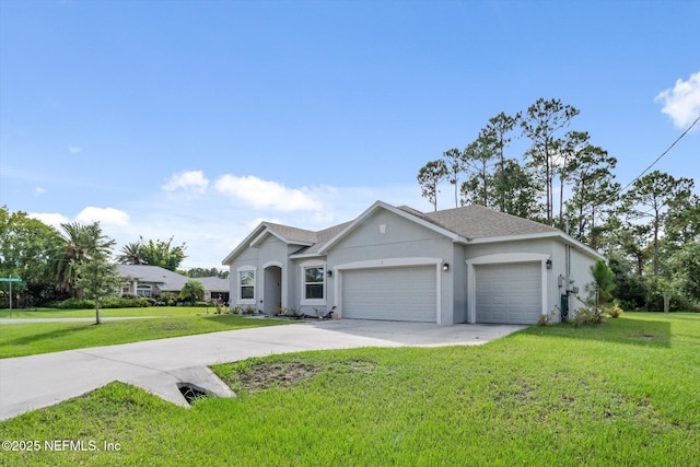 5 Bud Hollow Dr, Palm Coast, FL 32137 - ranch-style home with an attached garage, a front yard, concrete driveway, and stucco siding