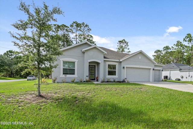 5 Bud Hollow Dr, Palm Coast, FL 32137 - view of front of property featuring a garage, concrete driveway, a front yard, stucco siding, and a shingled roof