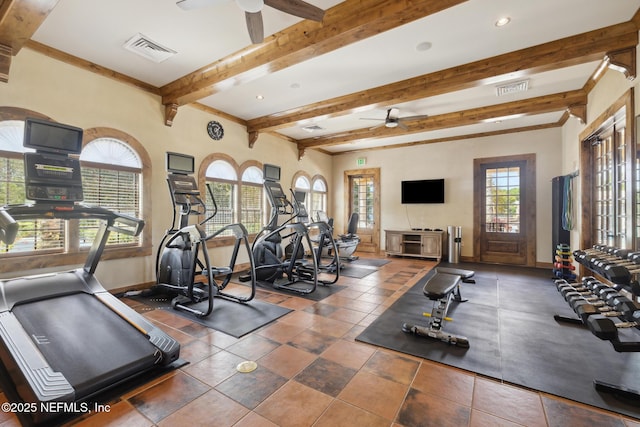 218 Larkin Pl Unit 110, Saint Johns, FL 32259 - gym featuring ceiling fan, beam ceiling, and recessed lighting