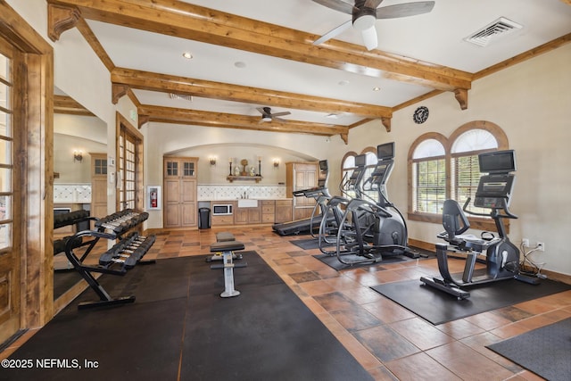 218 Larkin Pl Unit 110, Saint Johns, FL 32259 - exercise room with ceiling fan, beamed ceiling, recessed lighting, and arched walkways