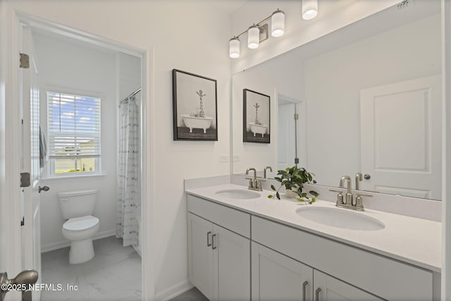 73 Ripple Rd, Saint Johns, FL 32095 - bathroom featuring marble finish flooring, double vanity, and curtained shower