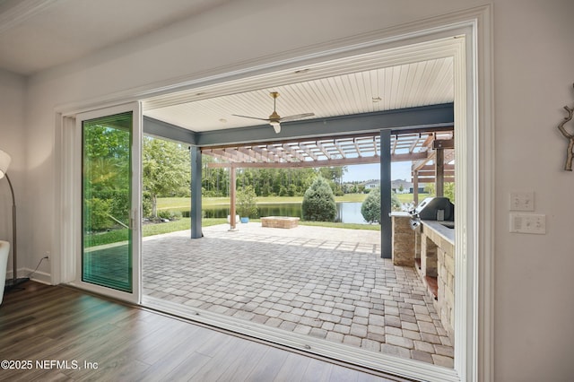 959 Crosswater Lake Dr, Ponte Vedra, FL 32081 - doorway featuring a water view, a ceiling fan, healthy amount of natural light, and wood finished floors