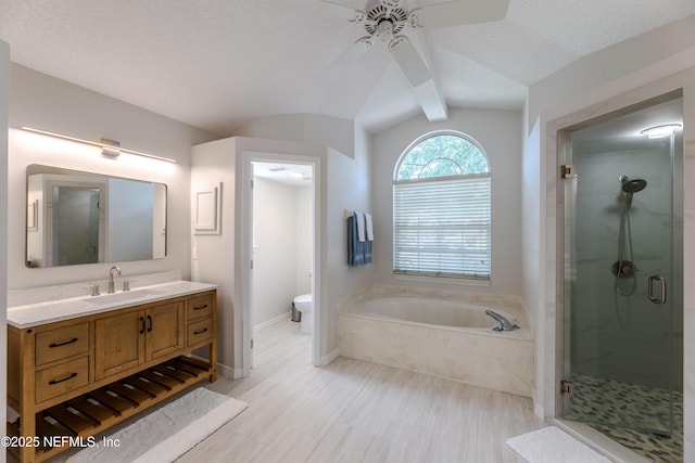 4521 Deep River Way E, Jacksonville, FL 32224 - full bath featuring a garden tub, lofted ceiling, a ceiling fan, a stall shower, and vanity