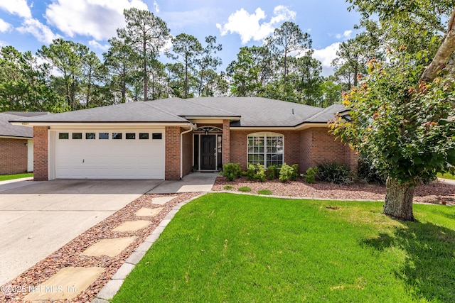 4521 Deep River Way E, Jacksonville, FL 32224 - ranch-style house featuring an attached garage, concrete driveway, brick siding, and a front lawn