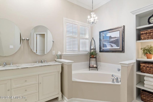 1060 Meadow View Ln, Saint Augustine, FL 32092 - full bath with double vanity, a garden tub, a chandelier, and crown molding