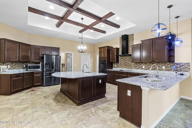 3728 W Florentine Dr, Citrus Springs, FL 34433 - kitchen featuring wall chimney exhaust hood, appliances with stainless steel finishes, coffered ceiling, open shelves, and a peninsula