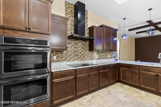3728 W Florentine Dr, Citrus Springs, FL 34433 - kitchen featuring double oven, wall chimney exhaust hood, black electric stovetop, decorative backsplash, and beamed ceiling