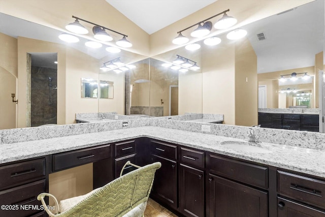 3728 W Florentine Dr, Citrus Springs, FL 34433 - full bathroom featuring vanity, a stall shower, and vaulted ceiling