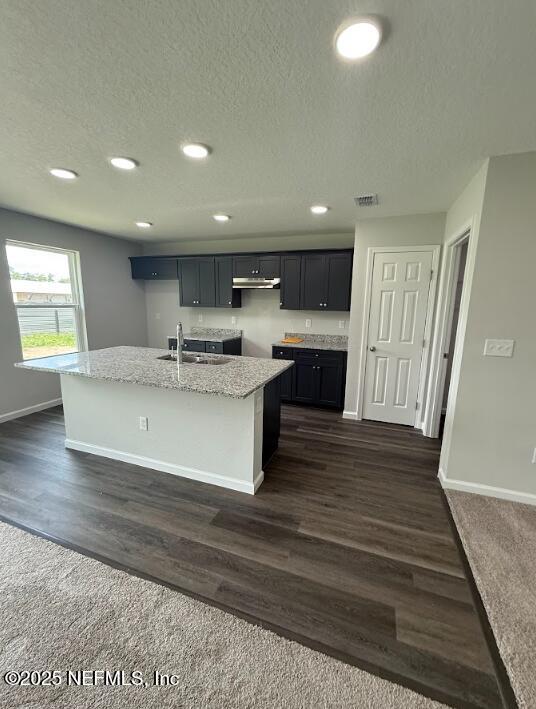 8045 Driggers St, Jacksonville, FL 32220 - kitchen with a textured ceiling, an island with sink, light stone counters, recessed lighting, and under cabinet range hood