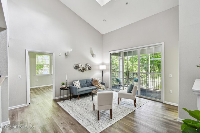 8550 Touchton Rd Unit 932, Jacksonville, FL 32216 - living area with high vaulted ceiling, wood finished floors, and a skylight