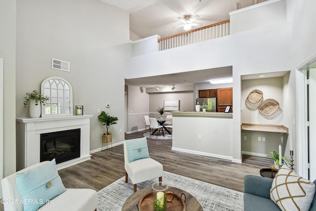 8550 Touchton Rd Unit 932, Jacksonville, FL 32216 - living room featuring a towering ceiling, wood finished floors, a ceiling fan, and a glass covered fireplace