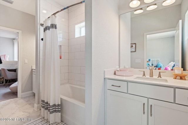 351 Palm Crst Dr, Ponte Vedra, FL 32081 - bathroom featuring connected bathroom, vanity, marble finish flooring, and shower / tub combo with curtain