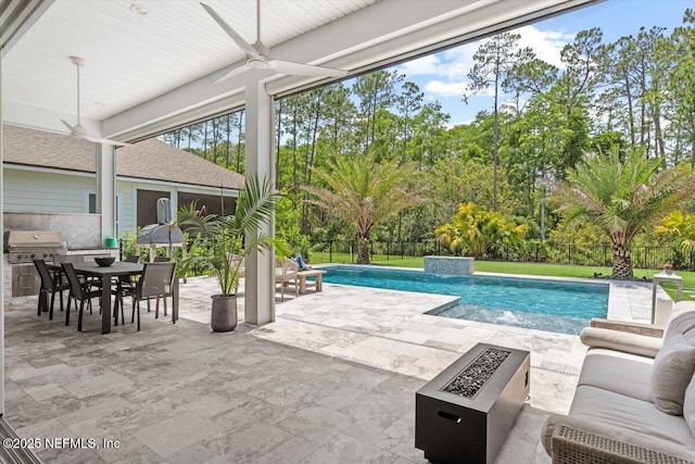 351 Palm Crst Dr, Ponte Vedra, FL 32081 - swimming pool featuring ceiling fan, a fire pit, outdoor dining space, and a patio
