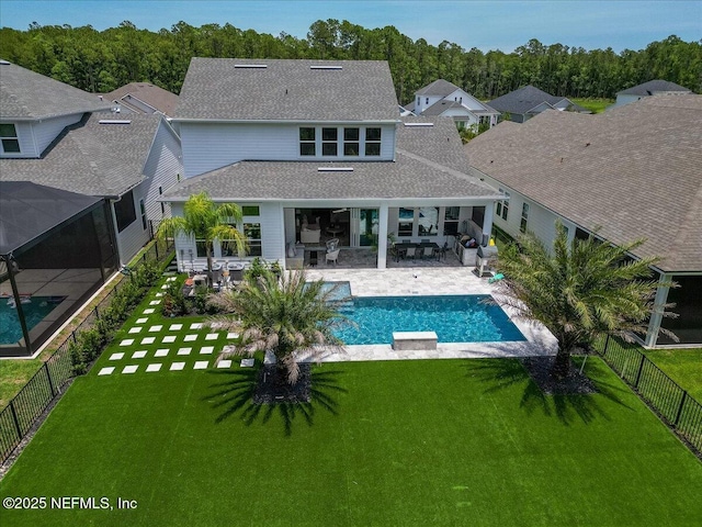 351 Palm Crst Dr, Ponte Vedra, FL 32081 - rear view of property with a fenced backyard, a shingled roof, an outdoor living space, and a patio