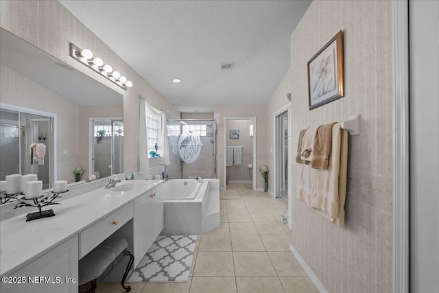 45 E Diamond Dr, Palm Coast, FL 32164 - full bathroom with a bath, vanity, tile patterned flooring, a shower stall, and wallpapered walls