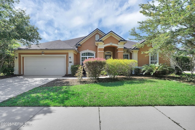 4431 Vista Point Ln, Orange Park, FL 32065 - view of front of house with stucco siding, a front lawn, an attached garage, and concrete driveway