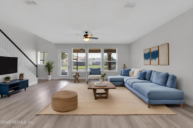4431 Vista Point Ln, Orange Park, FL 32065 - living room with wood finished floors, stairway, plenty of natural light, and a ceiling fan