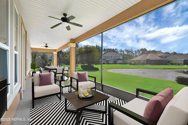 4431 Vista Point Ln, Orange Park, FL 32065 - sunroom featuring a ceiling fan, an outdoor hangout area, outdoor dining space, and a residential view