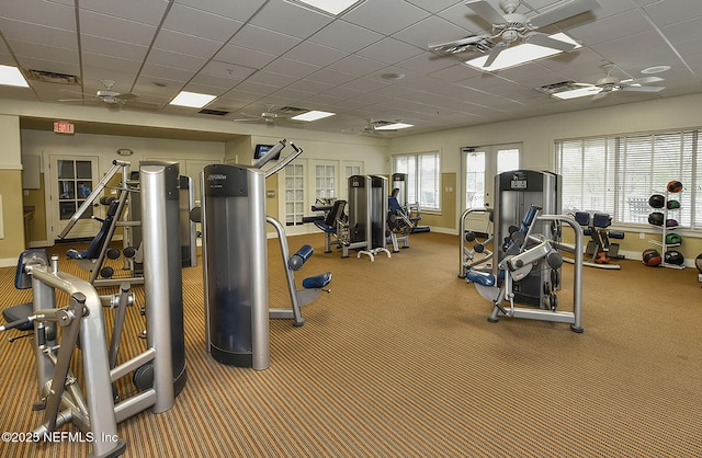 4431 Vista Point Ln, Orange Park, FL 32065 - exercise room featuring a ceiling fan, a drop ceiling, and carpet floors