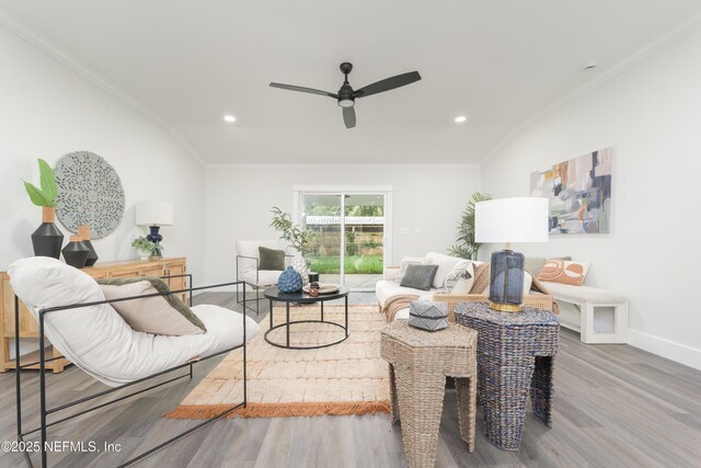 1114 Nantucket Ave, Jacksonville, FL 32233 - living area with wood finished floors, crown molding, ceiling fan, and recessed lighting