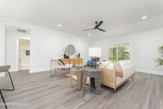 1114 Nantucket Ave, Jacksonville, FL 32233 - living area featuring wood finished floors, ornamental molding, ceiling fan, and recessed lighting