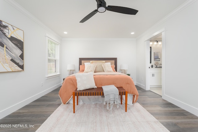 1114 Nantucket Ave, Jacksonville, FL 32233 - bedroom with ornamental molding, wood finished floors, ensuite bathroom, recessed lighting, and a ceiling fan