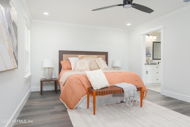 1114 Nantucket Ave, Jacksonville, FL 32233 - bedroom with ornamental molding, dark wood-style flooring, recessed lighting, connected bathroom, and a ceiling fan