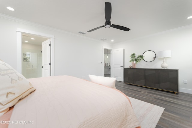 1114 Nantucket Ave, Jacksonville, FL 32233 - bedroom with wood finished floors, recessed lighting, crown molding, a ceiling fan, and ensuite bath
